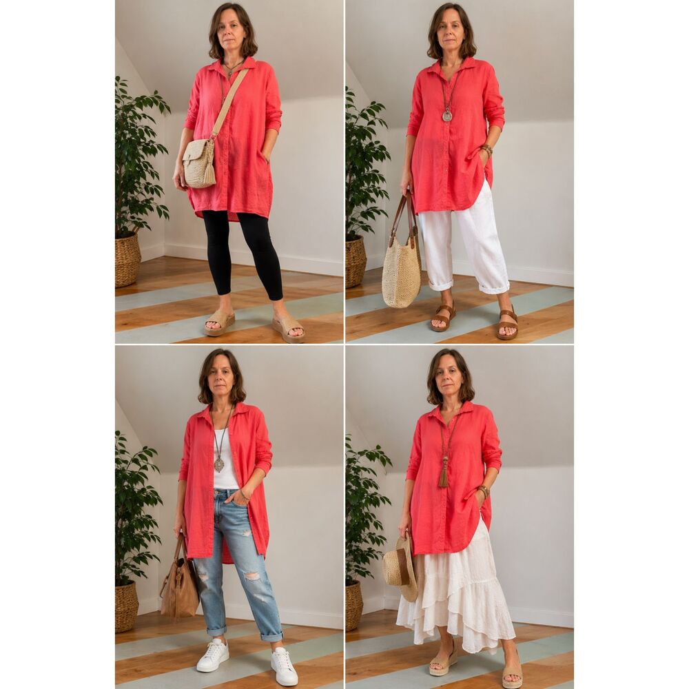Stella Carakasi Natural Lux Hemp Tunic Coral Pink Button Front Oversized Top